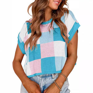 2024 Spring Summer Cap Crop Top Sleeve Color <b>Block</b> Round Neck Knitted Checkerboard Sweater Short - Product Image 2