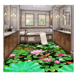 중국 잉어 연꽃 3D 바닥 그림 스티커 PVC 광택 이동식 거실 타일 3d 바닥 스티커