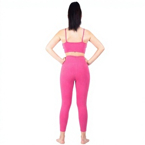 <b>Pink</b> 2 Piece Yoga Set Scoop Neck Spaghetti Strap <b>Crop</b> <b>Top</b> High Waist Full Length Leggings Seamless Four Way Stretch Activewear - Product Image 2