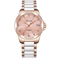 CALUOLA Montre automatique de luxe pour femme, cadran en cristal saphir, bracelet en céramique, date unique, étanche 5ATM, montre-bracelet élégante