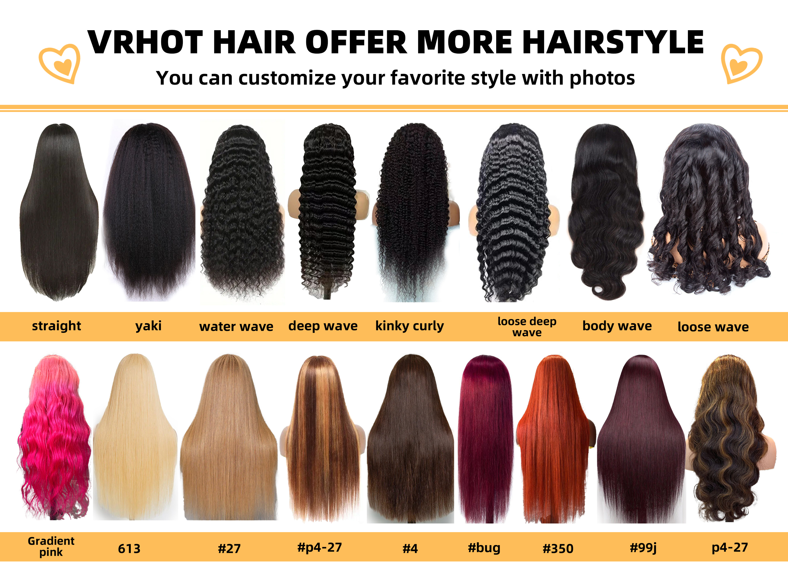 Perruques de cheveux humains VR HOT : Texture et Couleur