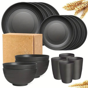 Juego de Platos y Tazones Negros de 16 Piezas, Vajilla de Paja de Trigo, Redonda, de Color Sólido, para Picnic - Product Image 1