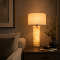 Lampe de table moderne en acier et albâtre, base rectangulaire en albâtre, abat-jour en lin, lampe de bureau pour chambre à coucher, salon, lampe de table