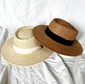 Vintage Women Summer Telescope Boater Beach Sun Hat with Cotton Ribbon belt Hand Weave Paper Straw Hat