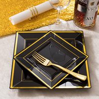 125 pièces de vaisselle carrée noire et or de luxe avec bord doré, ensemble de sous-assiettes en plastique premium, assiettes jetables pour mariage
