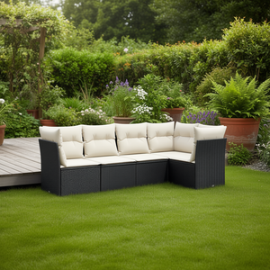 Cream White And Black <b>Rattan</b> Garden <b>Sofa</b> Set With Cushions 6 Seater Outdoor Furniture Contemporary Design - Product Image 2