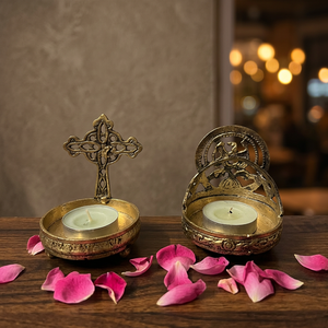 Brass Altar Cross <b>Candle</b> Holder Four Piece Set Polished Metal Church Decor Religious Collectible - Product Image 3