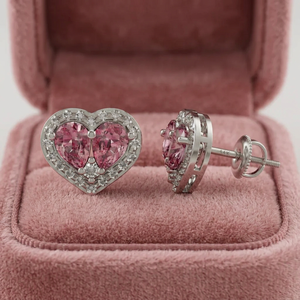 Bijoux fins certifiés, saphir rose naturel taille poire et diamants ronds, boucles d'oreilles micro-pavées en forme de cœur pour femmes en or 14 carats - Product Image 1