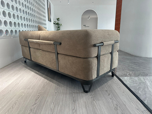 Canapé modulaire 3 places en velours capitonné kaki clair avec accoudoirs en métal noir pour petits appartements, parcs et écoles - Product Image 3