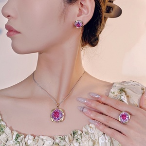 Fashion Rose Cut 18-14MM Pink Cubic Zirconia Jewelry Set Eco-friendly Copper Vintage Elegant Pendant <b>Earrings</b> Set for Women - Product Image 4