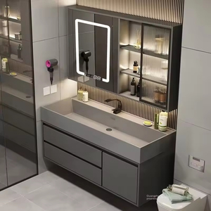 <span class=keywords><strong>Meuble</strong></span>-lavabo mural gris moderne avec miroir LED intégré, <span class=keywords><strong>vasque</strong></span> intégrée et grand rangement pour hôtel - Product Image 3