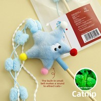 Jouet interactif pour chat : Baguette de chat avec étoile et lune, longue tige, pompon, poupée en peluche couleur bonbon, pour usage intérieur, fournitures pour animaux de compagnie, style varié