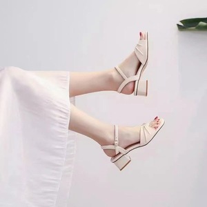 Elegant <b>Cream</b> Microfiber Heeled Sandals Square Toe Block <b>Heel</b> Buckle Closure Summer Women's Shoes - Product Image 4
