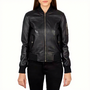 <b>Womens</b> Real <b>Black</b> Leather Racer Jacket Snap Collar Zip Front Quilted Shoulder Ribbed Hem <b>Coat</b> Custom <b>Winter</b> Warm Outerwear Appar - Product Image 1