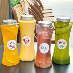 Bouteille de boisson jetable en PET avec couvercle à vis et étiquette adhésive pour thé au lait, soda, boisson, pot en plastique de forme cylindrique - Product Image 1