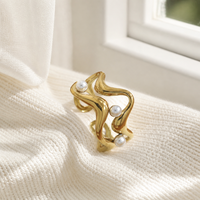 Bague polyvalente plaquée or 18 carats avec perle ondulée large, style euro-américain, pour femme, idéale pour l'automne et l'hiver, bijou de main pour usage quotidien