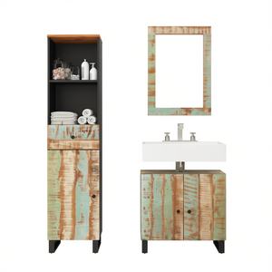 Conjunto de Muebles de Baño de Madera Reciclada Multicolor, Moderno y Ecológico, con Lavabo, Gabinete y Espejo - Product Image 1