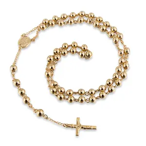 Dr. Jewelry 2022 New Wholesale Pray Rosary Gold Stainless Steel Beads Sweater Chain Necklace with Jesus Cross Pendant
