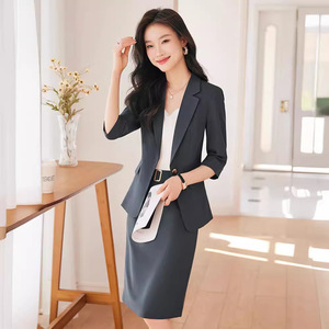 Women's Spring Suit Set Korean Style Office Lady Three Quarter Sleeve Midi Skirt Anti-Wrinkle Polyester Satin Casual - Product Image 5