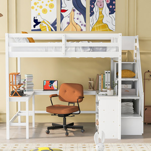 White Wooden Loft Bed With Desk And <b>Storage</b> For <b>Kids</b> Bedroom - Product Image 4
