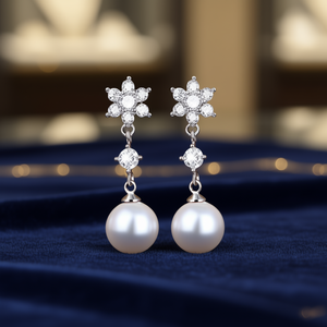 Orecchini Pendenti a Fiore in Oro Bianco con Perla Akoya AAA Rotonda, Montatura a Griffe in Argento 925 Placcato Rodio, Gioielli Classici da Donna per Matrimonio - Product Image 2