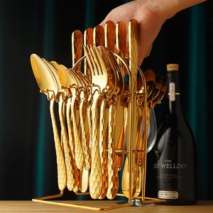 24 cái thép không gỉ <span class=keywords><strong>Flatware</strong></span> <span class=keywords><strong>Set</strong></span> máy rửa chén an toàn nhà bếp đồ dùng Bộ đồ ăn vàng bạc treo chủ 24 cái dao kéo Đảng - Product Image 6