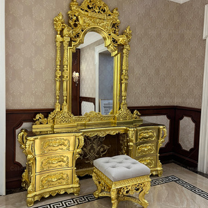 <strong>Victorian</strong> Style Bedroom Furniture <strong>Dressing</strong> <strong>Table</strong> with Mirror and Stool Gold Finish Handmade and Storage Features - Product Image 1