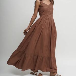 Robe d'été décontractée OEM en lin et coton pour femme, nouvelle collection, longueur maxi, motif floral, sans manches, col halter, style smoking - Product Image 2