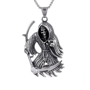 Collares de Moda al por Mayor, Colgante Gótico de Calavera con Guadaña de la Muerte, Colgante Punk de Acero Inoxidable para Motociclistas, Colgante de la Parca Plateado para Hombre - Product Image 2