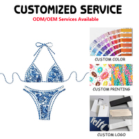 Ensemble bikini 2 pièces en porcelaine bleue et blanche à imprimé floral, extensible, dos nu, à lacets, style string sportif, service OEM avec logo à la taille