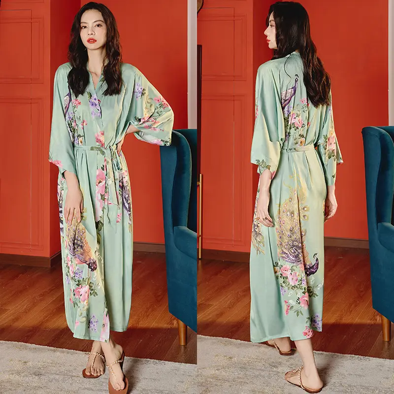 Gaun tidur Satin panjang, pakaian malam wanita motif bunga, baju tidur panjang Satin musim semi musim gugur, gaun tidur elegan untuk wanita