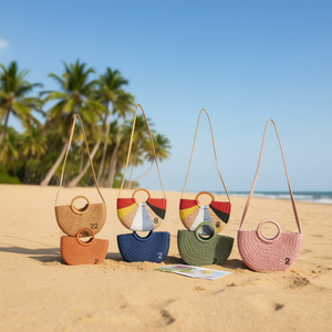 Grand sac bandoulière semi-circulaire en papier tressé 42x30cm, sac fourre-tout en paille fait main pour femme, idéal pour la plage en été - Product Image 2