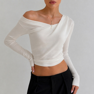 Camiseta de Manga Larga con Cuello en V de Encaje para Mujer, Novedad de Otoño, Jersey de Punto, Top Elástico Transpirable, Informal, para Oficina, Trabajo, Básico - Product Image 4