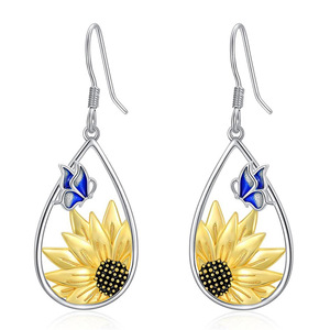 Orecchini da donna con girasole, farfalla e goccia d'acqua, design floreale bicolore, stile pastorale fresco per tutti i giorni e feste - Product Image 5