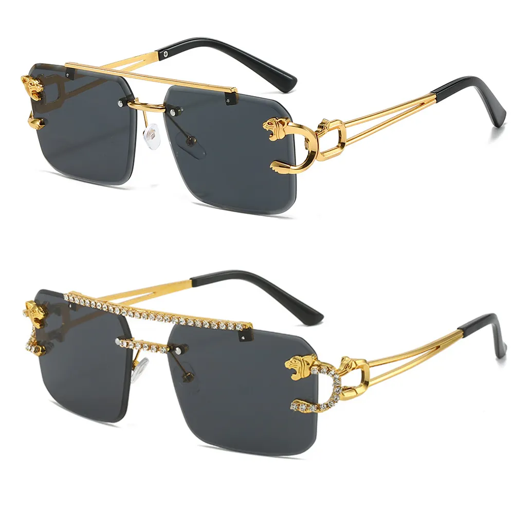 2024 Vintage leopardo rectángulo sin montura gafas de sol Bling Marco de lujo mujeres hombres Retro gafas de sol diamantes logotipo personalizado