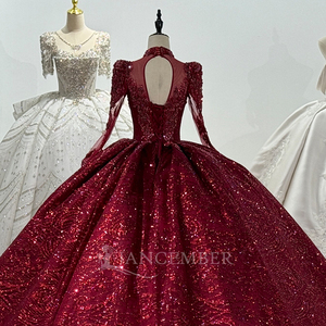 XS215 Robe de Quinceañera Rouge à Col Montant, Style Empire, pour 15 Ans, avec Broderie de Cristaux, Perles et Imprimé, Traîne Chapelle, pour Fête - Product Image 6