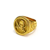 Cincin Signet Tengkorak Bajak Laut dengan Pedang Silang, Perhiasan Jari Fashion Hip Hop Berlapis Emas dari Baja Tahan Karat.