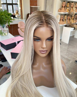 Perruque Lace Front en Cheveux Humains Blond Platine avec Mèches Blondes et Racines Ombrées pour Femme
