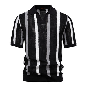 Camicia da uomo in maglia stile europeo americano con maglia Casual e Comfort <span class=keywords><strong>Polo</strong></span> da uomo a righe in maglia a contrasto - Product Image 3