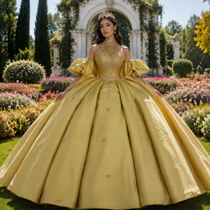 Vestido de Gala Dorado con Cuello Halter Mc042, Vestido de Quinceañera con Apliques de Cristal y Pedrería, Satén Brillante, Jancember - Product Image 1