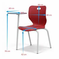 Chaise d'étudiant avec tablette intégrée, tablette d'écriture, coque moulée rouge, structure en acier blanc pour salle de classe, conférences, lecture