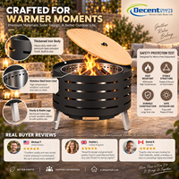 Brasero d'extérieur cylindrique en acier, cuve intérieure en acier inoxydable, couvercle en bois, trous de ventilation, couvercle pour bâtons de feu, brasero en fer pour extérieur