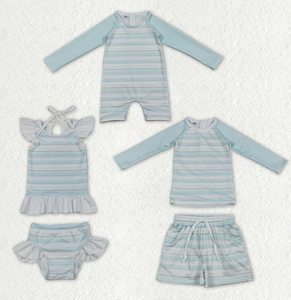 ชุดเสื้อแขนยาวลายทางสีฟ้าอ่อนสำหรับเด็กชายและเด็กหญิงพร้อมซิปหลังแบบสั้น - Product Image 1