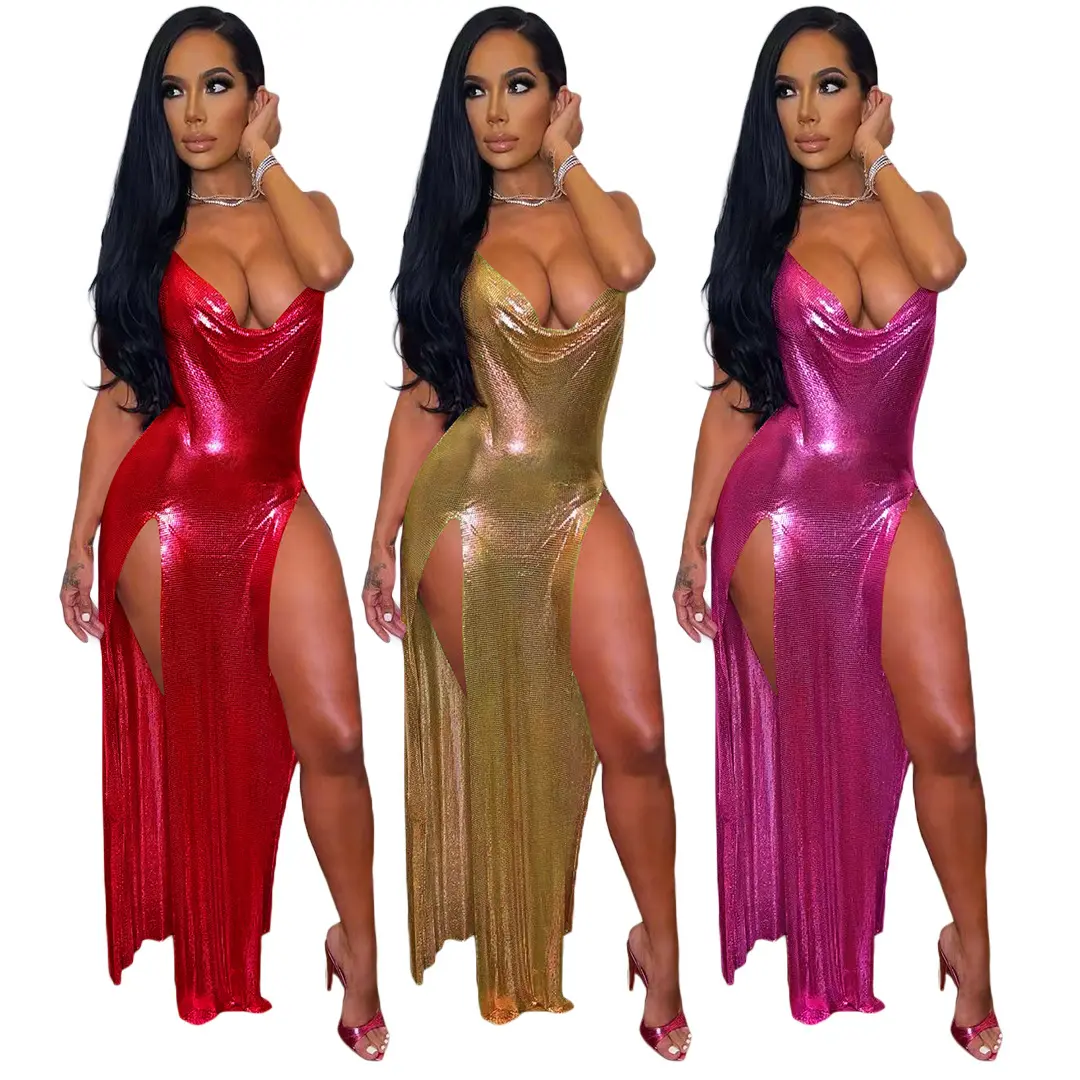 2022 ins shinny backless high splits evening party clubwear dress sexy ladies sexy club nighty sexy dress