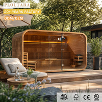 Sauna extérieur en capsule PLOUTARA avec façade panoramique en verre, cabane en bois, bancs à niveaux et éclairage LED d'ambiance pour projets de centres de bien-être