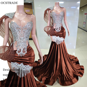 Ocstrade Fornitore all'Ingrosso di Abiti <span class=keywords><strong>da</strong></span> Sera Personalizzati, Vestiti a <span class=keywords><strong>Sirena</strong></span> Formali in Velluto Marrone con Perline e Strass Argento per Donne - Product Image 1