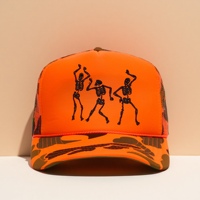 Esqueletos de baile personalizados, gorras de béisbol naranjas de espuma bordadas, gorras de conductor de camión de malla transpirable con calavera de Halloween de camuflaje
