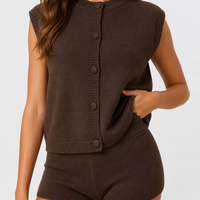 Ensemble de tricots pour femmes avec logo personnalisé, tricot fin, sans manches, col rond, couleur unie, décontracté, été, mélange d'acrylique, doux, usine OEM et ODM