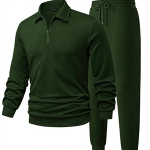Conjunto Deportivo para Hombre, Verde Sólido, con Cierre de Media Cremallera, Manga Larga, Transpirable, de Poliéster, para Otoño, Corte Regular, Pantalones con Cordón Ajustable - Product Image 1