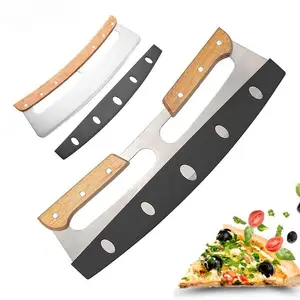 14 "Sharp Kitchen Tool Large Stainless Steel Pizza Cutter Rocker com alças de madeira e capa protetora